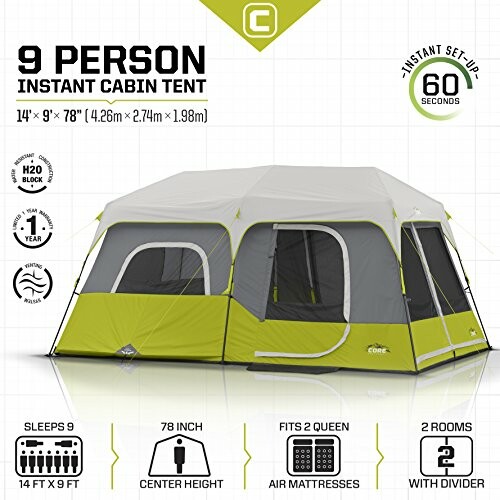 9 person instant cabin tent with 2 rooms, fits 2 queen air mattresses, 60-second setup.