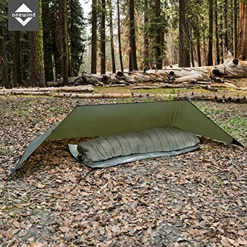 Tarp shelter with sleeping bag in a forest setting