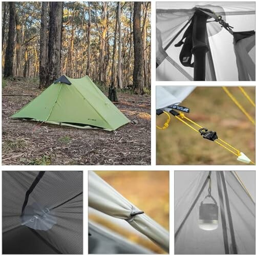 Green camping tent set up in the forest with close-ups of tent features and accessories.