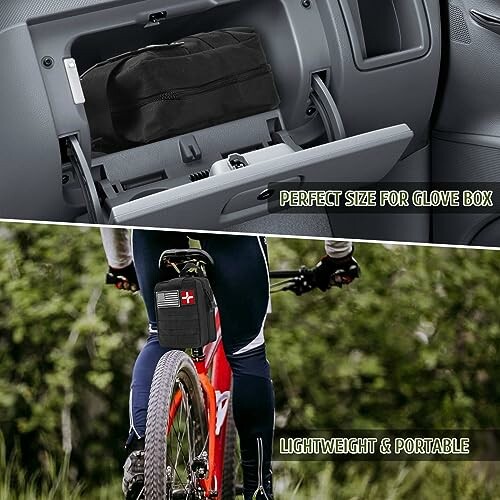 Compact bag in glove box and attached to bicycle.