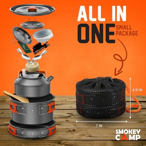 Compact camping cookware set with pots, kettle, and carrying bag.