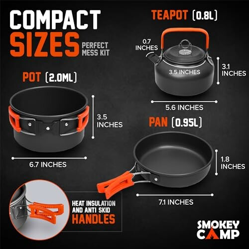 Compact sizes of camping cookware set including a pot, teapot, and pan with measurements.