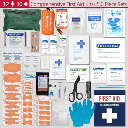 Comprehensive first aid kit with 230 pieces, including bandages, gloves, scissors, and emergency supplies.