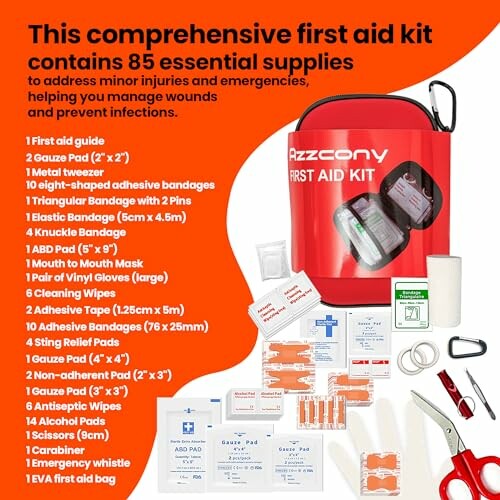 Comprehensive first aid kit with 85 essential supplies for emergencies.