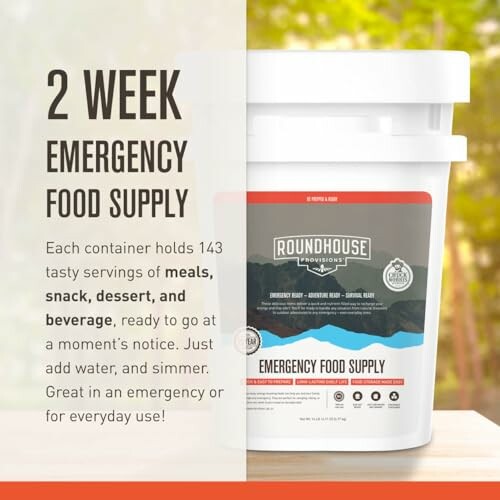 Roundhouse emergency food supply bucket with 143 servings.