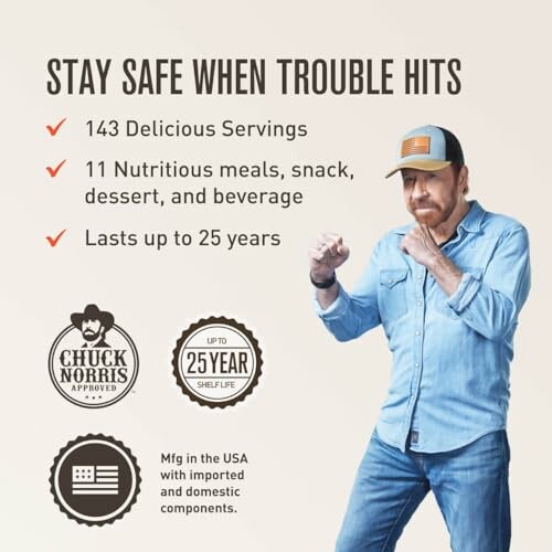 Emergency food supply advertisement with Chuck Norris, featuring 143 servings, 11 meals, 25-year shelf life.