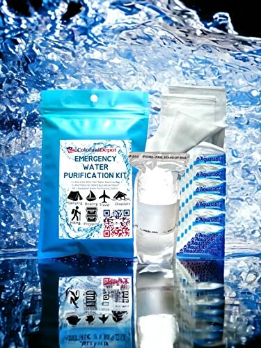 Emergency water purification kit with packets and bottle against a water splash background.