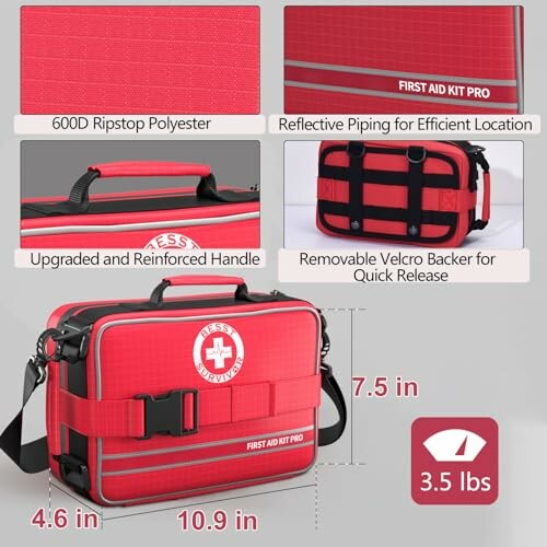 Red first aid kit pro bag with features labeled.