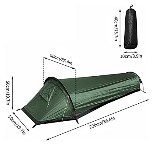 Green bivy tent with dimensions and carry bag.