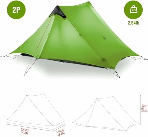 Green lightweight tent for two people with dimensions and weight details.