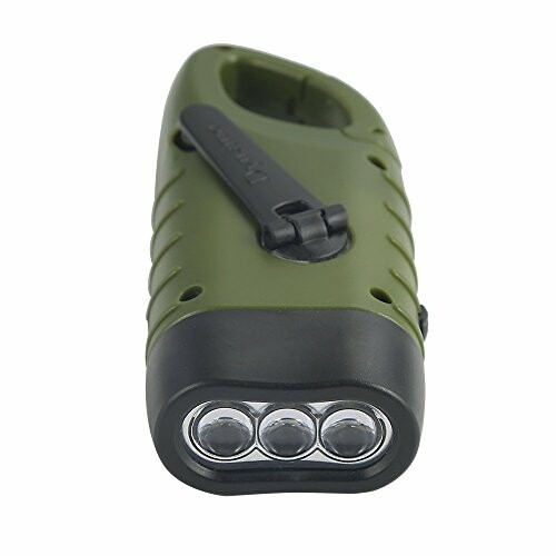 Green hand-crank flashlight with three LED lights