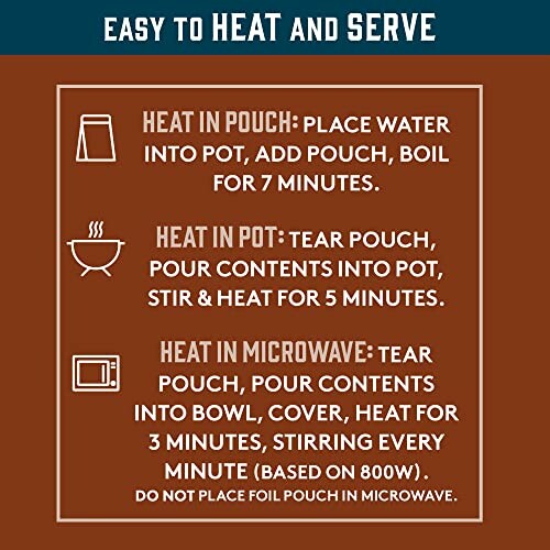 Instructions for heating food in pouch, pot, and microwave.