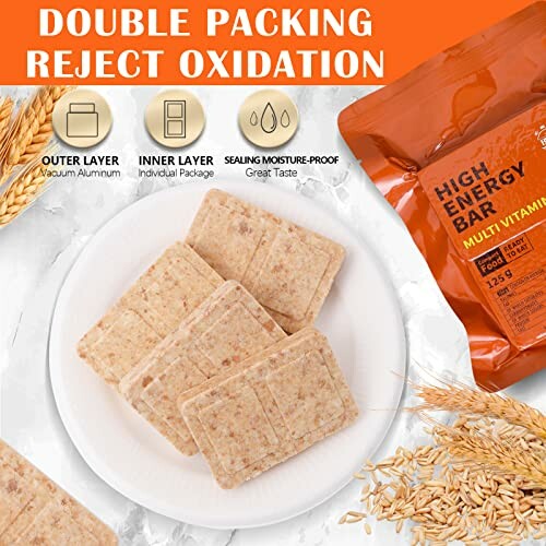 High energy bar packaging with double packing for oxidation rejection, featuring a plate of energy bars and packaging details.