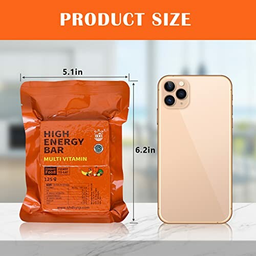 High energy bar package next to a smartphone for size comparison.