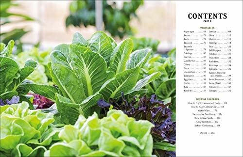 A garden of various types of lettuce with a contents page.