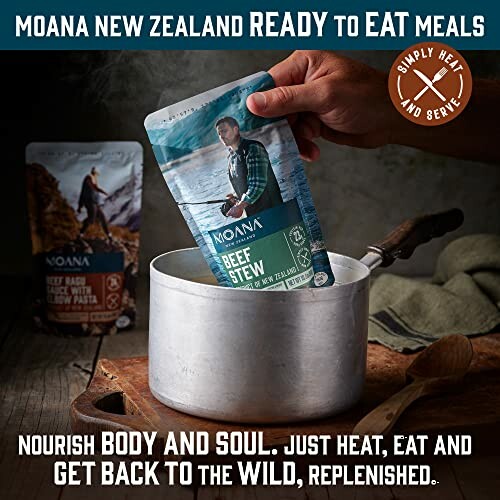 Moana ready to eat meals, beef stew being heated in a pot.