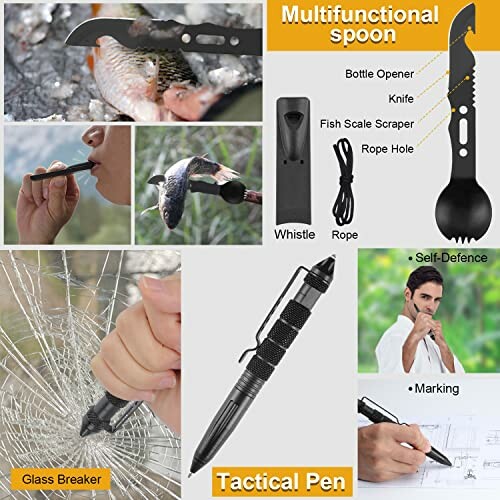 Multifunctional tool with tactical pen and spoon features including bottle opener, knife, and glass breaker.