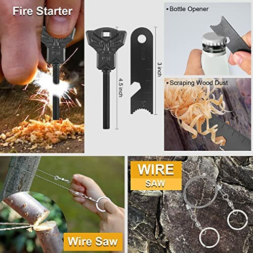 Multitool key with fire starter, bottle opener, and wire saw.