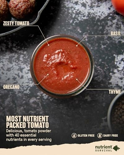 Tomato sauce with labels for zesty tomato, basil, oregano, and thyme, highlighting nutrient content.