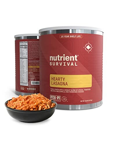 Nutrient Survival Hearty Lasagna packaging and bowl of lasagna.