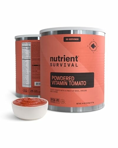 Nutrient Survival powdered vitamin tomato cans and bowl.