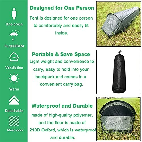 One person tent with features: portable, waterproof, durable.