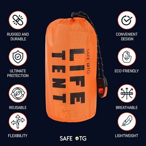 Orange life tent with benefits icons and text.