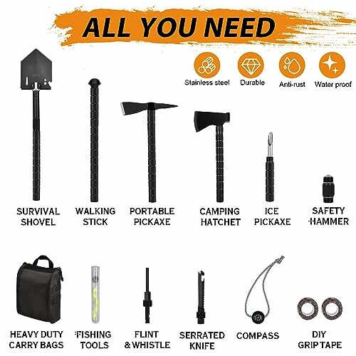 Outdoor survival tools including shovel, walking stick, pickaxe, hatchet, ice pickaxe, safety hammer, carry bags, fishing tools, flint and whistle, knife, compass, and grip tape.