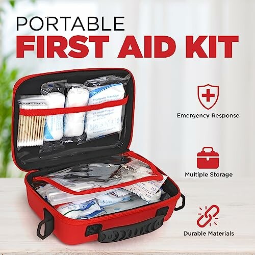 Portable first aid kit with emergency supplies.