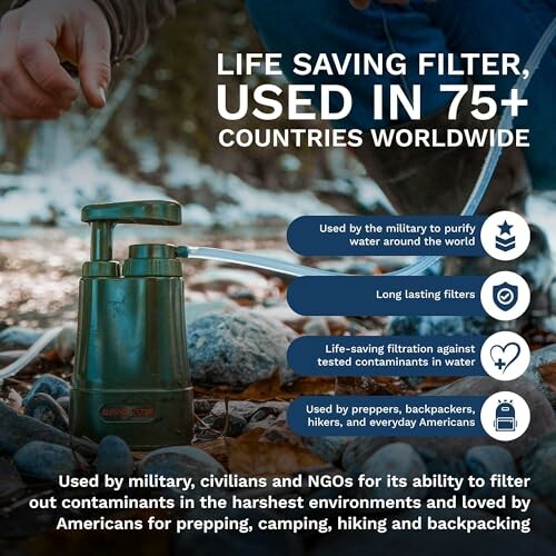 Portable water filter used globally, ideal for outdoor activities.