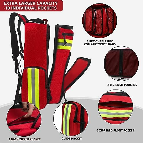 Red backpack with extra large capacity and multiple pockets.