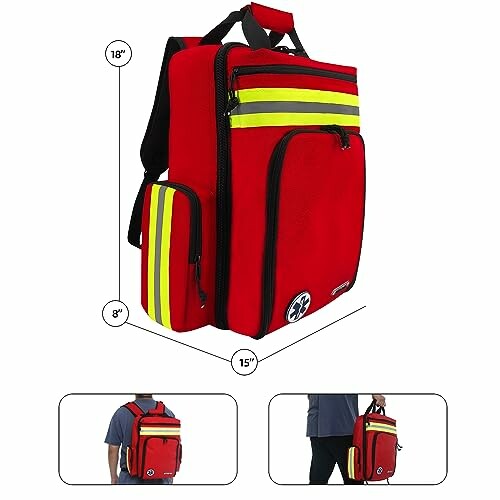 Red EMS backpack with reflective stripes and multiple pockets.