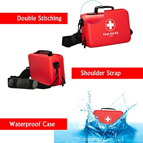 Red first aid kit case with double stitching and shoulder strap, shown in waterproof condition.