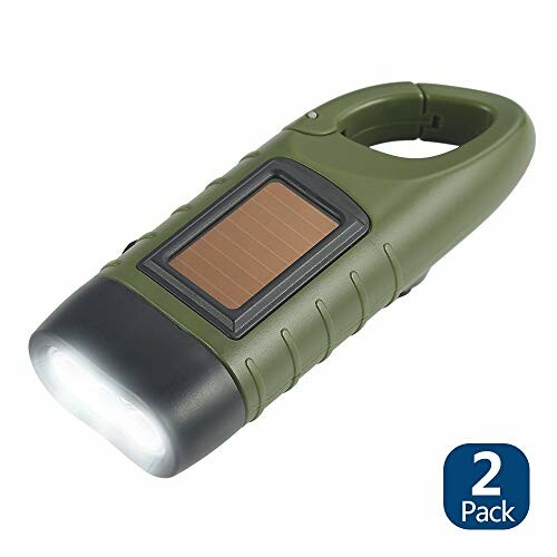 Green solar-powered flashlight with carabiner clip, 2 pack