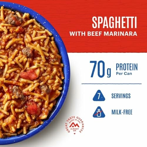 Spaghetti with beef marinara highlighting 70g protein, 7 servings, milk-free.