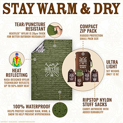 Infographic highlighting features of a survival blanket: tear-resistant, heat reflecting, waterproof, compact, ultra-light, and durable stuff sack.