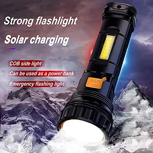 Multi-functional flashlight with solar charging, COB side light, power bank, and emergency flashing light.