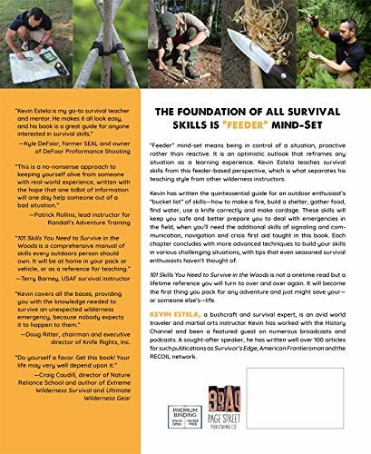 Back cover of a survival skills book with testimonials and book details.