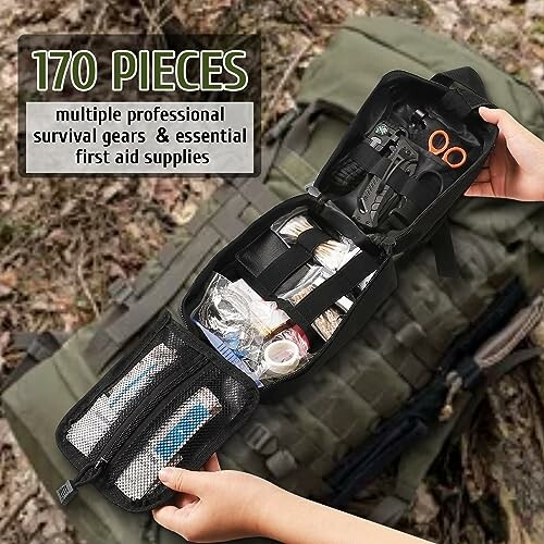 Open survival kit with various first aid supplies and tools.