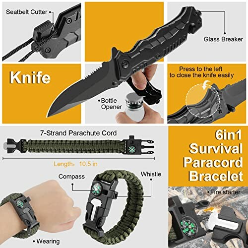 Multi-tool set including knife with seatbelt cutter, glass breaker, bottle opener, and survival paracord bracelet with compass, whistle, and fire starter.