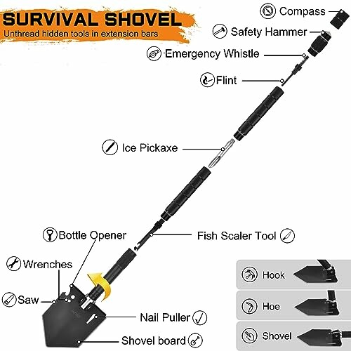 Survival shovel with multiple tools including compass, safety hammer, whistle, flint, ice pickaxe, fish scaler, wrenches, saw, nail puller, and shovel board.