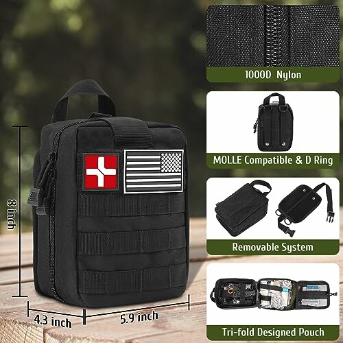 Black tactical first aid pouch with dimensions and features highlighted.