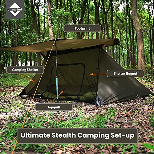 Camping setup with shelter, bugnet, footprint, and topquilt in a forest.