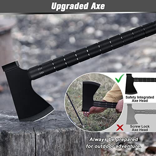 Upgraded axe with integrated safety head, highlighting features for outdoor use.