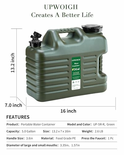 Green UPWOIGH 5-gallon portable water container with dimensions and features.