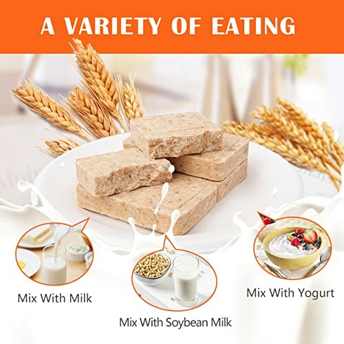 Image showing different ways to eat wheat bars with milk, soybean milk, and yogurt.