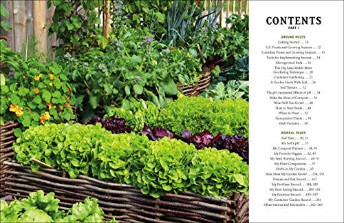 Lush vegetable garden with a table of contents page on the right.