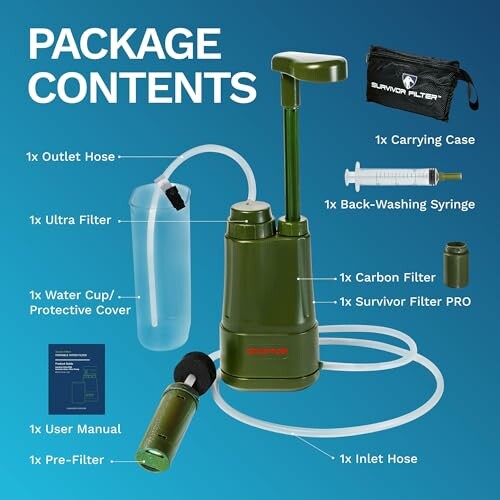 Contents of a water filter package including hoses, filters, and carrying case.