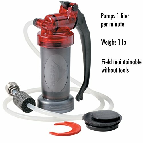 Portable water filter pump with red and black handle, tubing, and filter