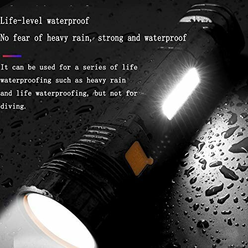 Waterproof flashlight with text about rain resistance.